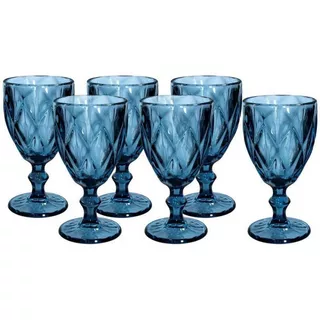 Jogo 6 Taça Vidro Decorado Textura Diamante Grossa 300ml Cor Azul