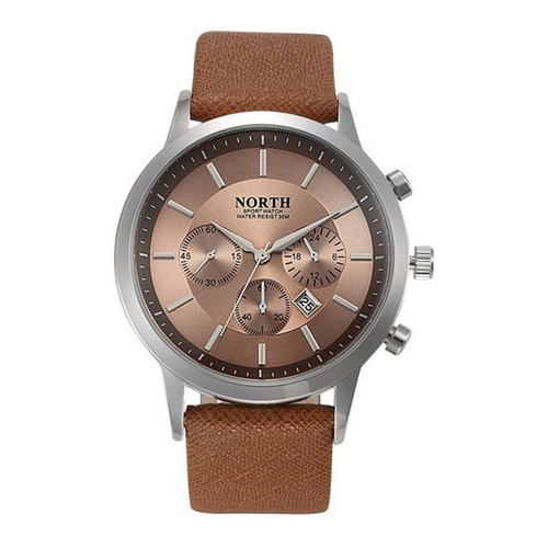 Reloj pulsera North 6009 con correa de cuero color marrón - fondo nude - bisel plateado