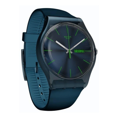 Reloj pulsera Swatch New Gent Blue rebel de cuerpo color azul, analógico, fondo azul, con correa de plástico color azul, agujas color gris y blanco y verde, dial verde, bisel color azul y hebilla simple