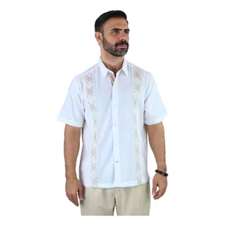 Camisa Tipo Guayabera Manga Corta Con Bordado Look De Lino 