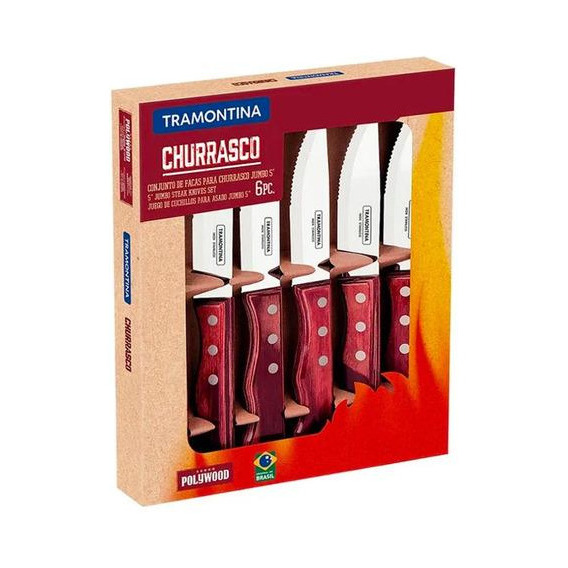 Juego De 6 Cuchillos Jumbo Para Asado Tramontina Churrasco Color Marrón Oscuro