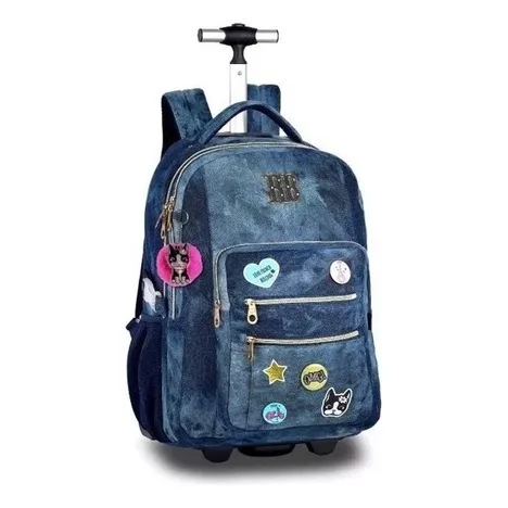 Mochila rodinhas jeans azul store juvenil rebecca bonbon star
