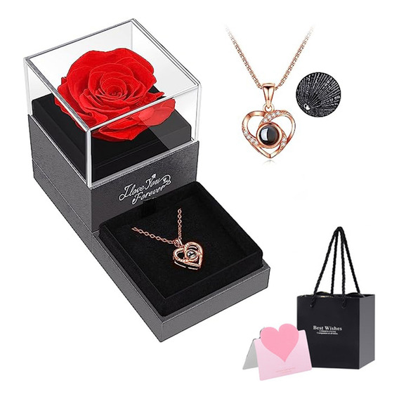 Rosa Eterna Real Preservada + Collar Te Amo En 100 Idiomas