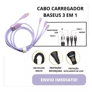 Cabo Carregador Baseus Flash Triplo 100w Usb Micro iPhone Tc Cor Roxo