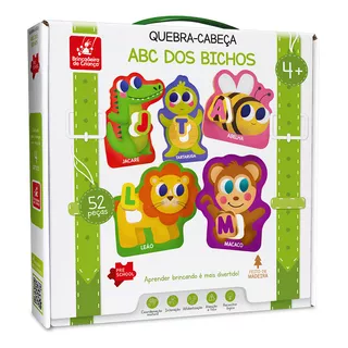 Brinquedo Alfabeto Animais Abc Dos Bichos 52 Peças Madeira 