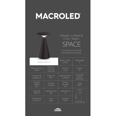 Velador De Mesa Space Negro Inalámbrica Led Mc