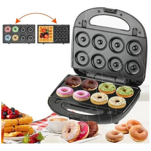 Maquina Para Hornear 8 Donas Y Waffles 2 En 1 Raf De 850w Color Negro