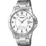 Relógio de pulso Casio Enticer MTP-V004 com corpo prata,  analógico, para masculino, fundo  branco, com correia de aço inoxidável cor prata, agulhas cor prata, subdials de cor preto, ponteiro de minut