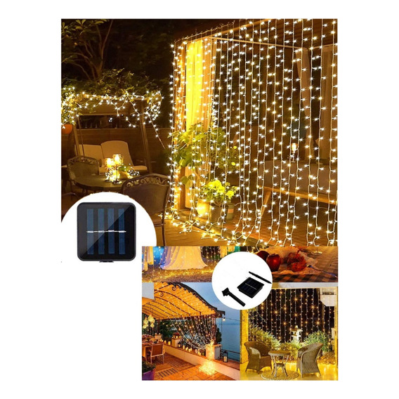 Luces Cortina Led Panel Solar Hada Exterior Navidad Navideño