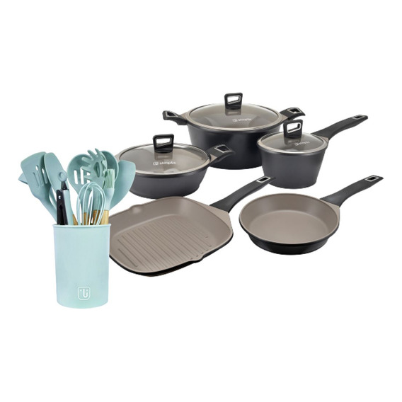 Kit Batería Cocina 8 Pza + Set 12 Utensilios Calipso Simplit