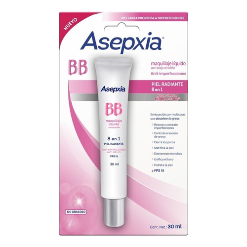 Base Maquillaje Asepxia Bb Líquido 8 En 1 Autoajustable 30 G