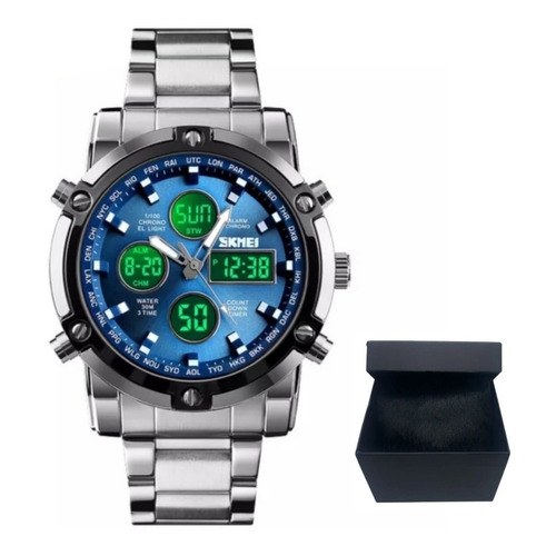 Reloj Skmei Dual Time para hombre con correa de acero de lujo, color plateado con bisel azul, color de fondo negro, color negro