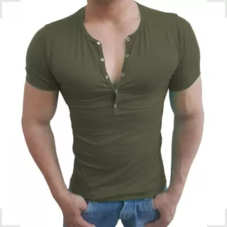 Camisa Henley Camiseta Slim Botão Básica Manga Curta Sjons