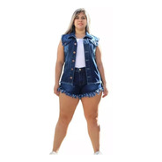 Conjunto Short  Colete Jeans Plus Size Feminino Blusa Casaco