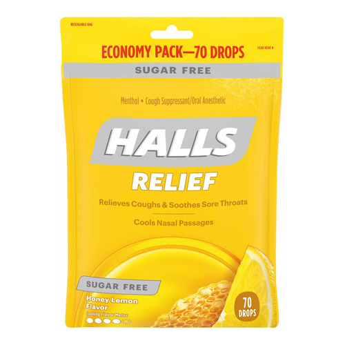 Halls Relief Honey Lemon  Cough Drops Pack De 70 Sin Azucar