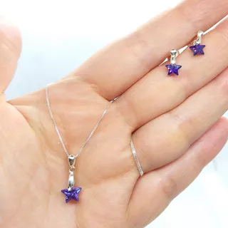 Colgante Dije Estrella Violeta Con Aros Plata 925 Y Cadena