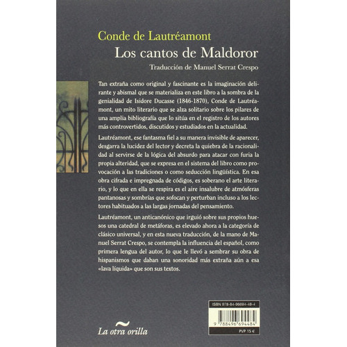 Cantos De Maldoror, Los, De Isidore   (conde De Lautreamont) Ducasse. Editorial Otra Orilla En Español