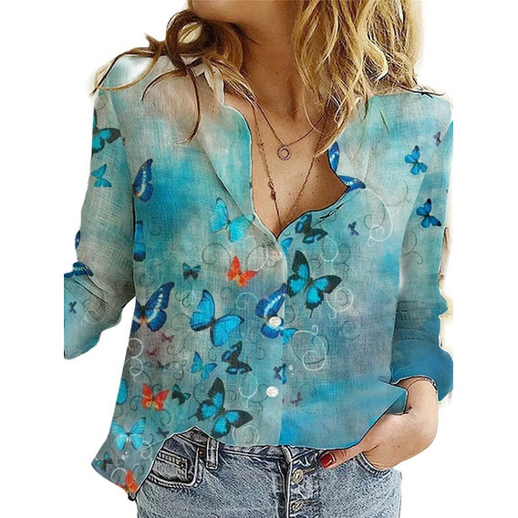 Camisa Mujer De Algodón Y Lino Azul Con Estampado Mariposas