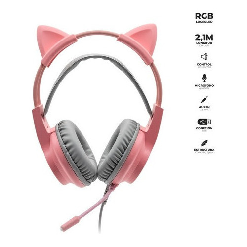 Audifonos Gamer Headset Urbano Orejas De Gato Usb Luz Rgb Color Rosa