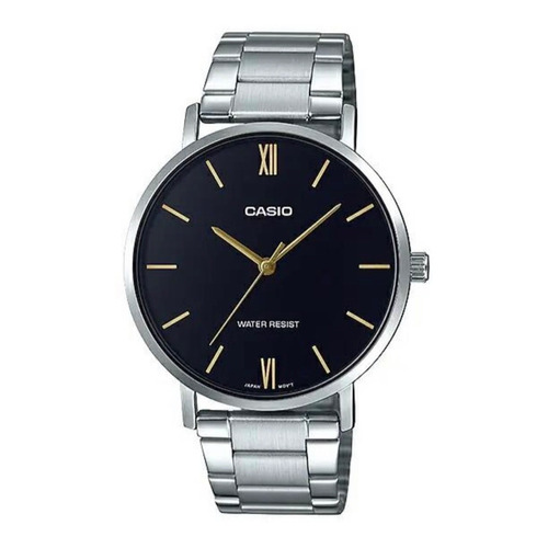 Reloj pulsera Casio MTP-VT01 con correa de acero inoxidable color plateado - fondo negro