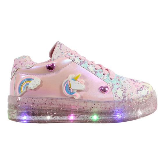 Tenis Unicornio Niña Luces Led Velcro Brillos Comodo Kuali