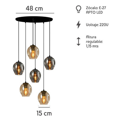 Colgante 6 Luces Ástrid Base Redonda 48cm Apto Led E27