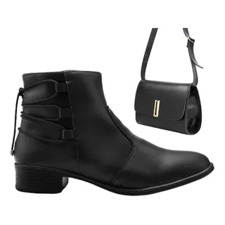 Bota Feminina Com Zipper Tratorada Salto + Bolsa