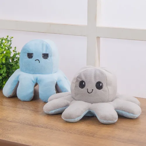 Pulpo bipolar reversible de peluche en polvo de color azul gris de