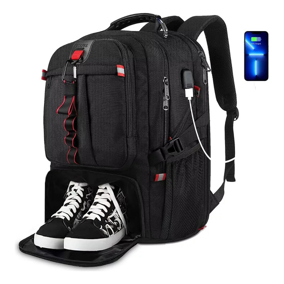 Mochila Gym Con Compartimento Para Zapatos de Viaje 50 L Para Hombre Y Mujer Mochila Para Laptop De 17 Pulgadas Color Negro