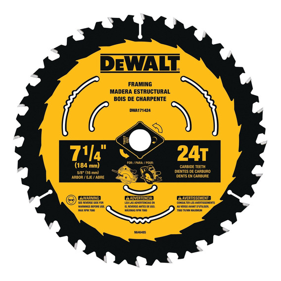 Disco Sierra Circular 71/4 24 Dientes Dwa171424 Dewalt Color Amarillo