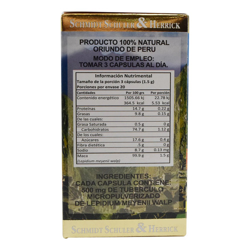 Maca En Cápsulas De 500mg, 60 Cáps Schmidt Schuler & Herrick Sabor Maca