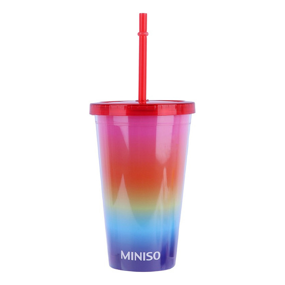 Miniso Vaso Con Tapa Y Popote Rainbow Doble Capa Plástico 45