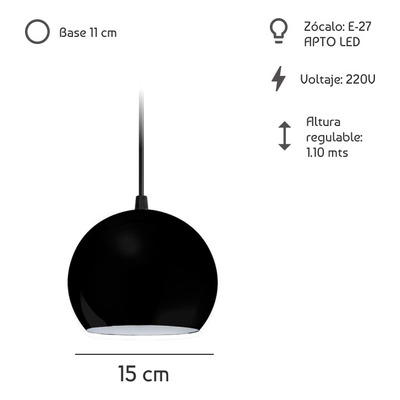 Colgante 1 Luz Bocha 15cm Negro Deco Apto Led E-27 