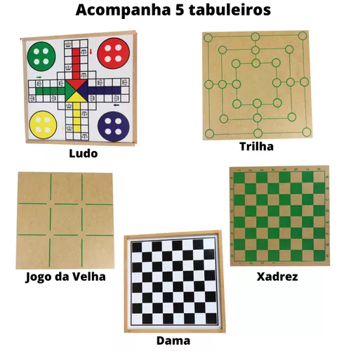 Jogo tabuleiro Toy Trade 5 em 1 dama xadrez ludo jogo da velha trilha