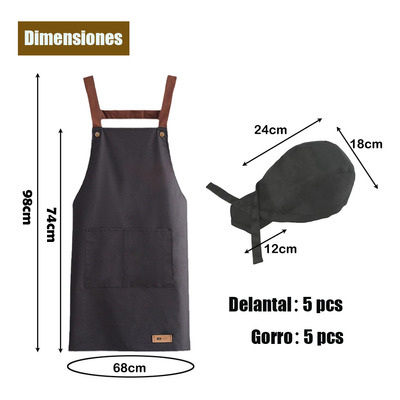 5 Delantal De Chef Impermeables Y 5 Gorros De Chef Ajustable