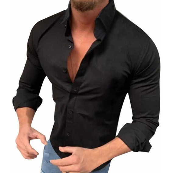 Camisa Hombre Slim Fit Strech Manga Larga Vanquish Lisa  Bk 