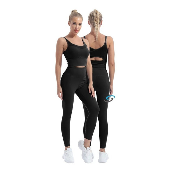 Leggins + Crop Top , Conjunto Deportivo Gym Correr 2 Pcs  Bk