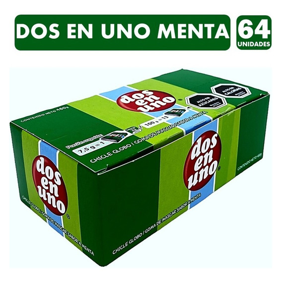 Chicle Dos En Uno Menta Display 64 Unidades