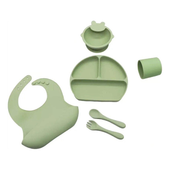 Silicona Antideslizante Para Bebés Set Platos Cuchara Tenedor Babero Vaso 6 Piezas Color Verde