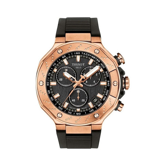 Reloj pulsera Tissot T-Sport T-race chronograph de cuerpo color rosé, analógico, para hombre, fondo negro, con correa de silicona color negro, bisel color rosé y hebilla simple
