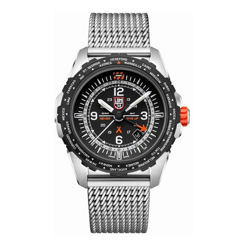 Reloj Luminox Bear Grylls Survival Air Gmt Xb.3762 Original Color De La Malla Plateado Color Del Bisel Negro Color Del Fondo Negro