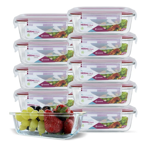 Kit 10 Potes Vidro Hermético com Tampa 370ml Cor Vermelho U4home