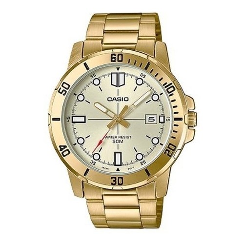 Reloj de pulsera Casio Dress MTP-VD01sg1-B de cuerpo color dorado, analógico, para hombre, fondo beige, con correa de acero inoxidable color dorado, agujas color dorado, blanco y rojo, dial blanco y negro, minutero/segundero negro, bisel color dorado y desplegable