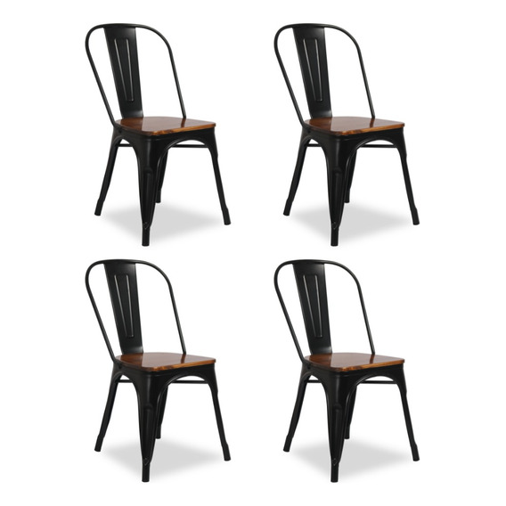 Silla Tolix Metalica Vintage Asiento En Madera Set X4