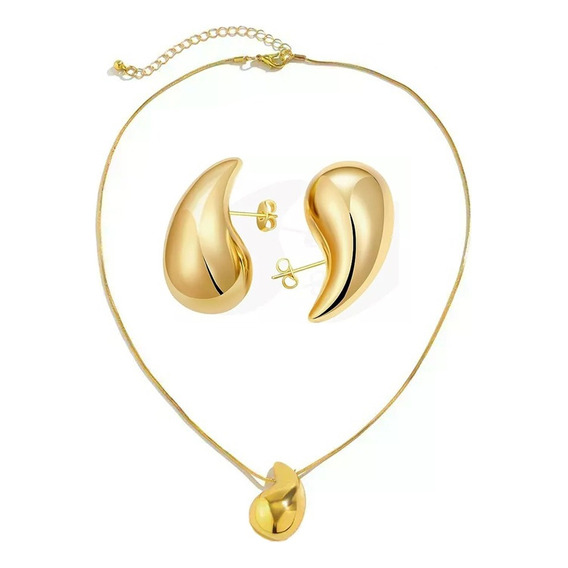 Set Aretes Pendientes Y Collar Gota Gruesos Oro Laminado 18k