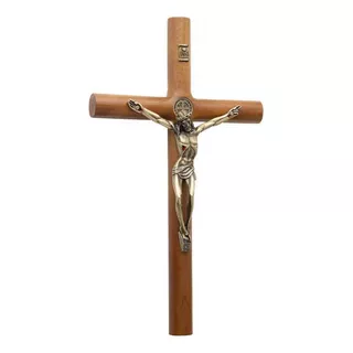 Crucifixo Madeira Redonda Medalha De São Bento - Parede 26cm Cor Marrom