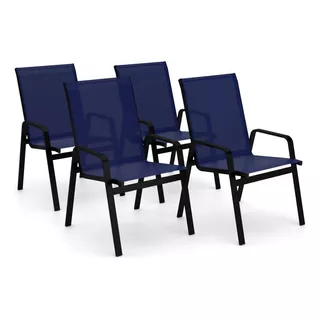 Kit 4 Cadeira Riviera Piscina Alumínio Preto Tela Azul