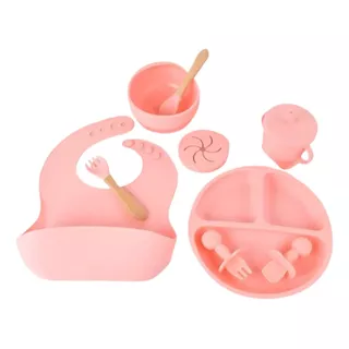 Kit 8 Introdução Alimentar Silicone Talheres De Bebê Prato B Cor Rosa