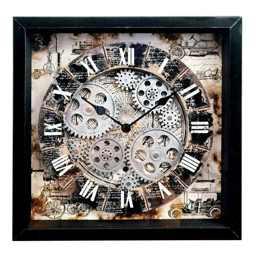 Reloj Cuadro Decorativo De Pared Con Engranes En Movimiento Color de la estructura Negro Color del fondo Dorado