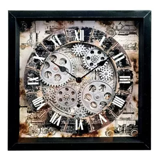 Reloj Cuadro Decorativo De Pared Con Engranes En Movimiento Color De La Estructura Negro Color Del Fondo Dorado